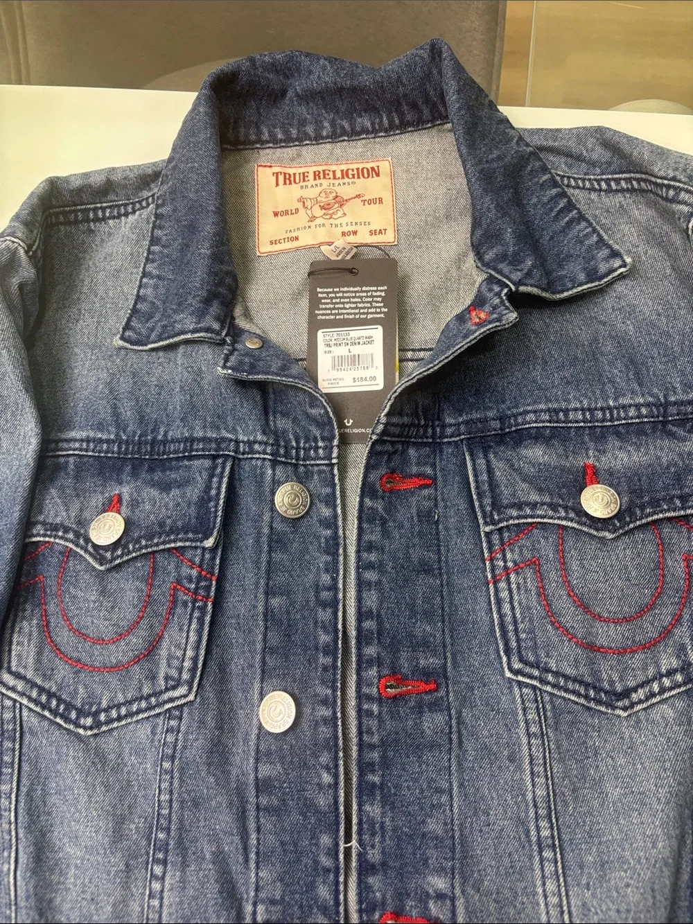 True Religion Denim Jacket in Medium Blue with Red Stitching large